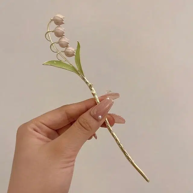 沂茹 新中式文艺小清新甜美优雅浅粉色铃兰花后脑勺盘发日常简约百搭气质小众设计感 合金 发簪 女款