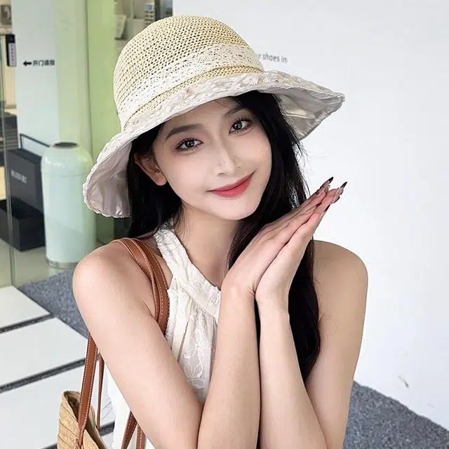 朵澜 夏季日系清新花朵蕾丝针织帽百搭遮阳帽 棉麻 防晒帽 女款