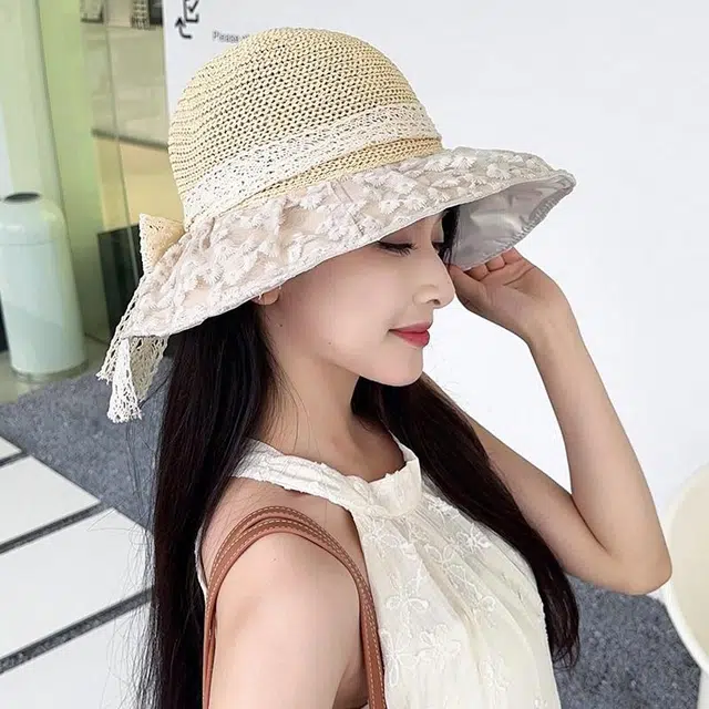朵澜 夏季日系清新花朵蕾丝针织帽百搭遮阳帽 棉麻 防晒帽 女款