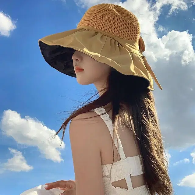 艾佳微 时尚韩系简约黑胶蝴蝶大头围可调节户外防晒遮阳帽纯色百搭款 涤纶 渔夫帽 女款