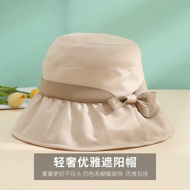 红豆 遮阳帽春夏户外防紫外线可折叠帽印花蝴蝶结太阳帽 锦纶 聚酯纤维 防晒帽 女款