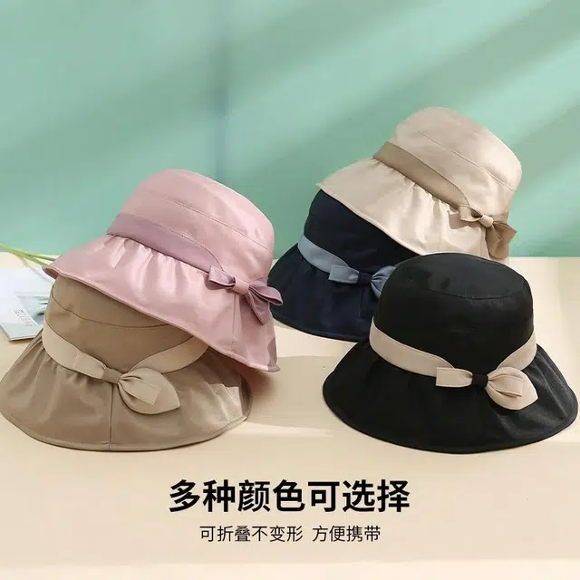 红豆 遮阳帽春夏户外防紫外线可折叠帽印花蝴蝶结太阳帽 锦纶 聚酯纤维 防晒帽 女款