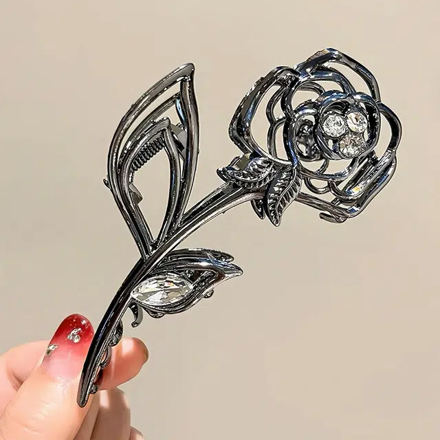 贯古今 森系仙美玫瑰花抓夹秋冬后脑勺高级感法式鲨鱼夹设计感小众发饰 合金 发夹 女款