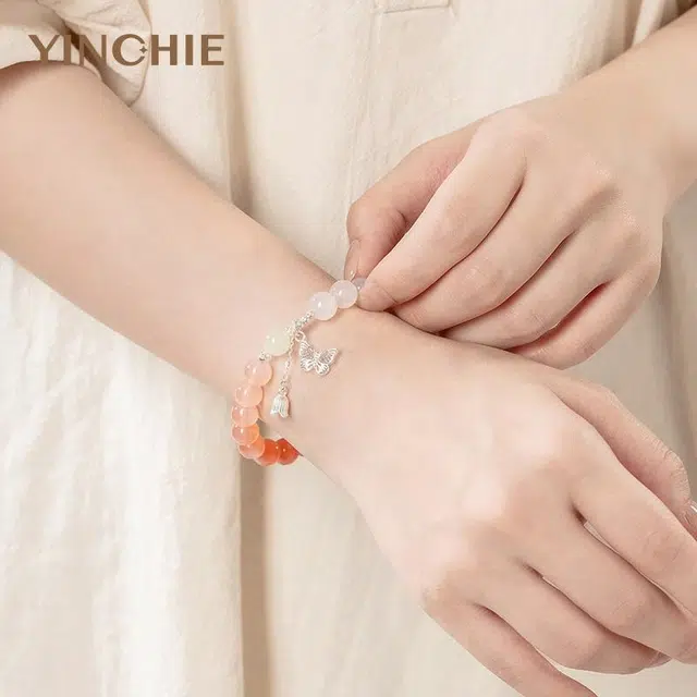 银千惠 在逃公主铃兰蝶舞花丝蝴蝶纯银串珠链新中式小众设计渐变玉色转运珠平安招财招财玛瑙女友百搭通勤高级感礼盒 玛瑙 玉石手串 女款