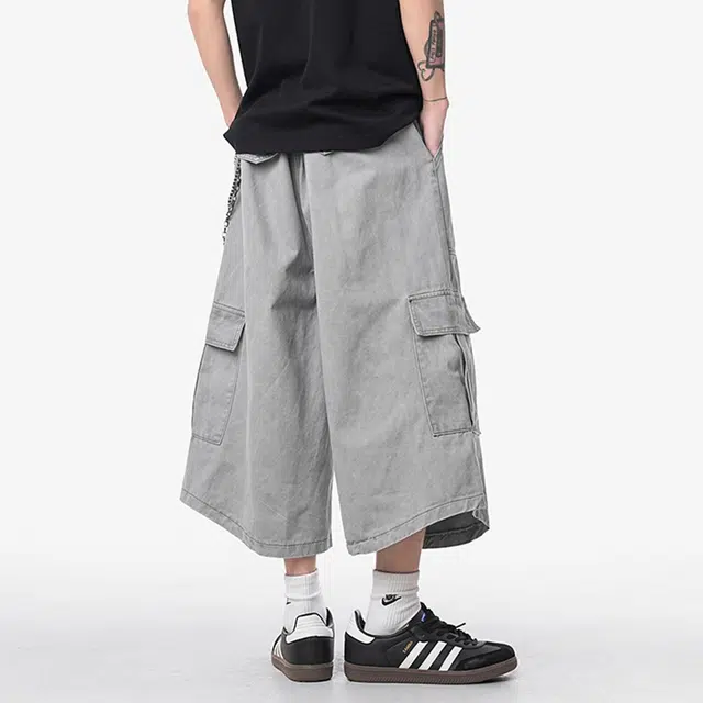 依文 休闲活力系列日系复古宽松大口袋品牌字母七分阔腿街头潮牌宽松通勤工装短裤 男女同款