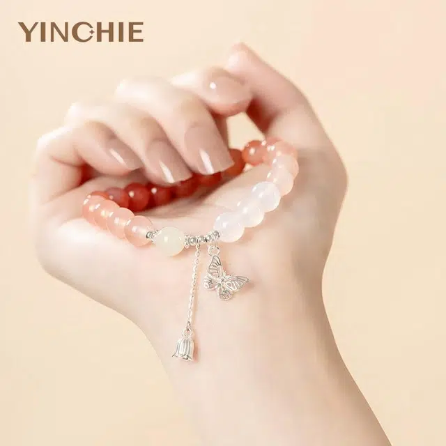 银千惠 在逃公主铃兰蝶舞花丝蝴蝶纯银串珠链新中式小众设计渐变玉色转运珠平安招财招财玛瑙女友百搭通勤高级感礼盒 玛瑙 玉石手串 女款