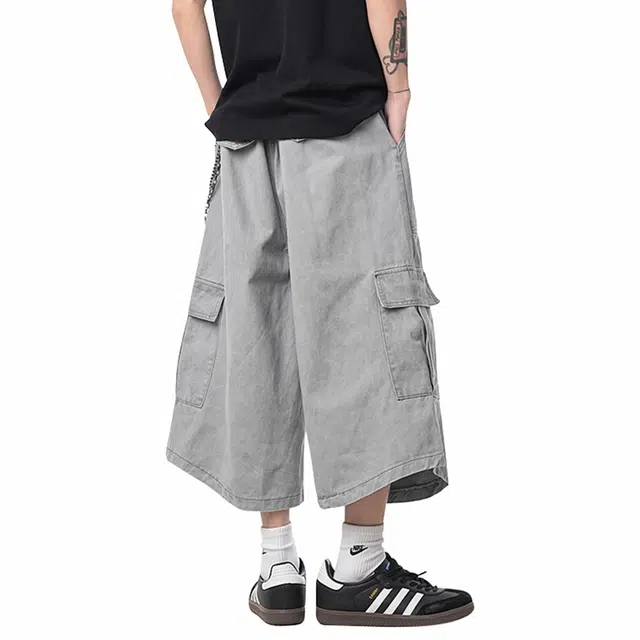 依文 休闲活力系列日系复古宽松大口袋品牌字母七分阔腿街头潮牌宽松通勤工装短裤 男女同款