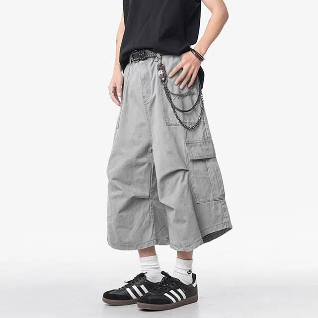 依文 休闲活力系列日系复古宽松大口袋品牌字母七分阔腿街头潮牌宽松通勤工装短裤 男女同款