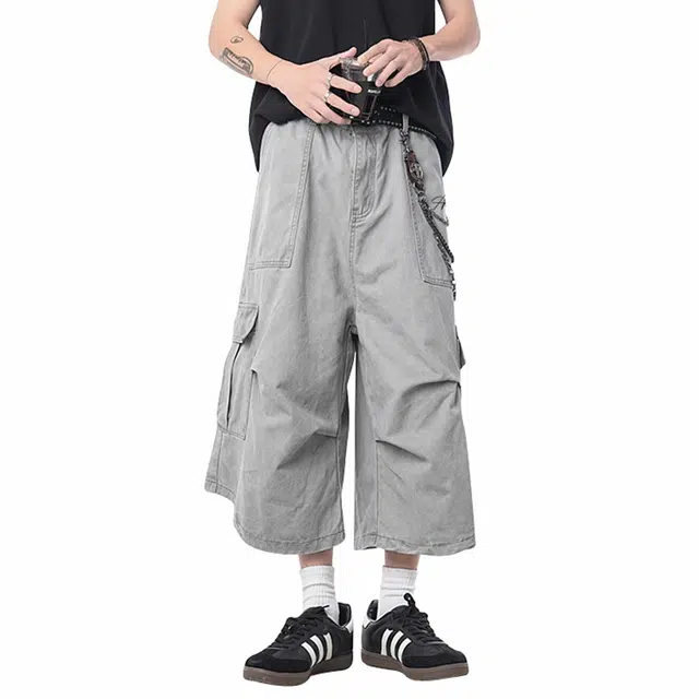 依文 休闲活力系列日系复古宽松大口袋品牌字母七分阔腿街头潮牌宽松通勤工装短裤 男女同款