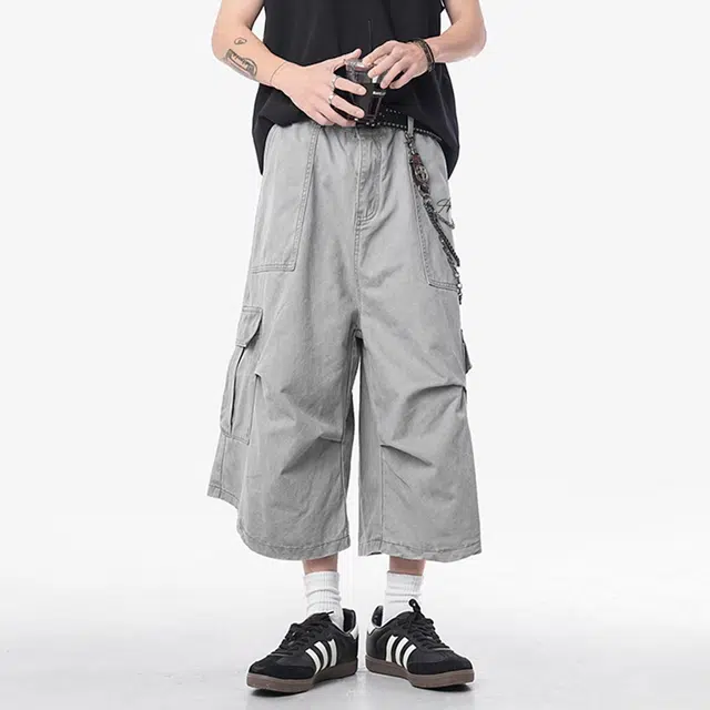 依文 休闲活力系列日系复古宽松大口袋品牌字母七分阔腿街头潮牌宽松通勤工装短裤 男女同款