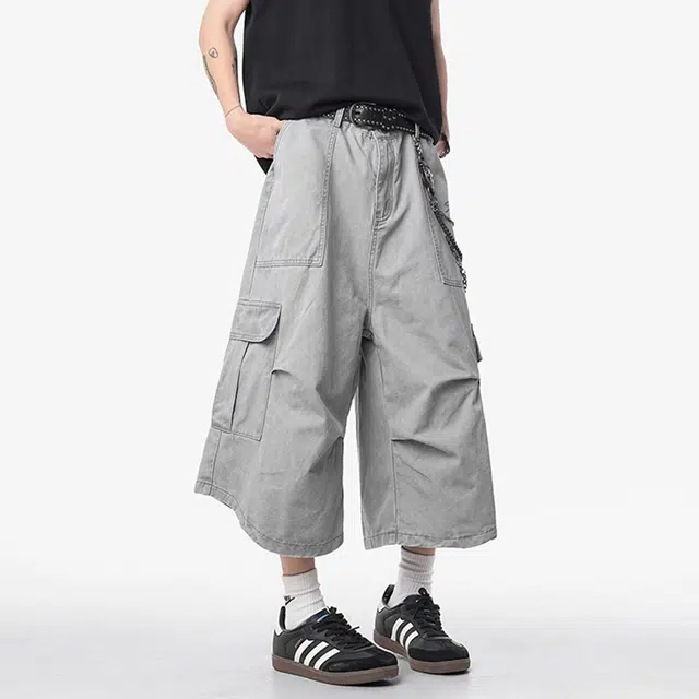 依文 休闲活力系列日系复古宽松大口袋品牌字母七分阔腿街头潮牌宽松通勤工装短裤 男女同款