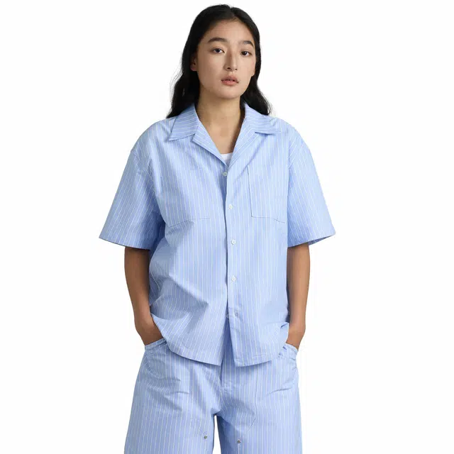 华人青年 条纹休闲短袖衬衫 男女同款