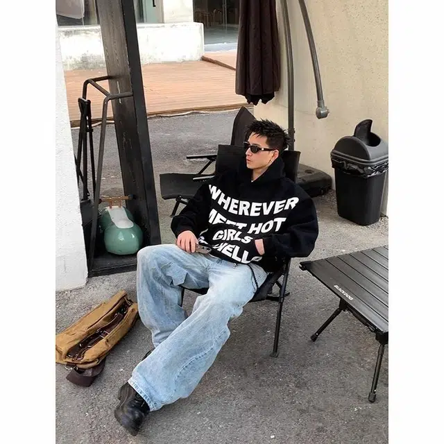 大白鲨 复古重磅撞色字母印花连帽卫衣 男女同款
