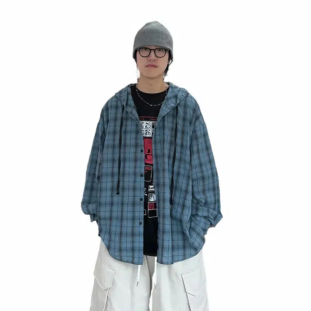 我是大卫 格子舒适百搭连帽长袖衬衫 男女同款 蓝色格子