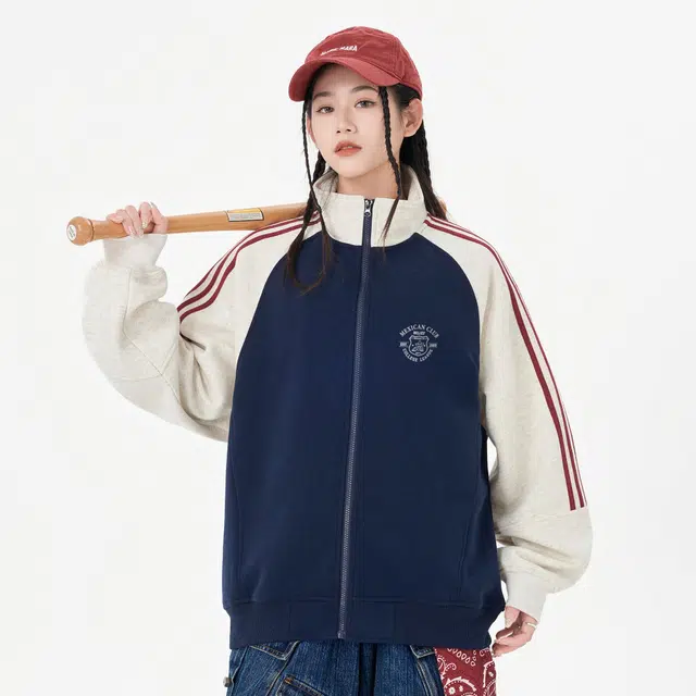 稻草人 美式学院风品牌徽章印花立领拼接撞色插肩袖宽松休闲拉链开衫卫衣 男女同款