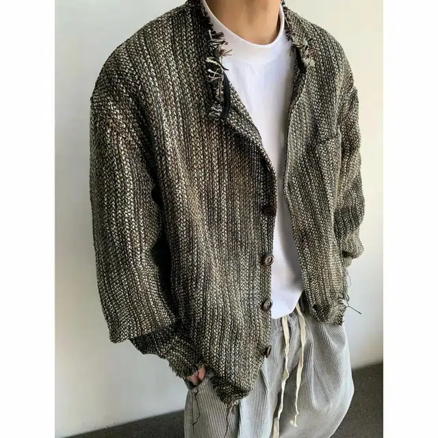 袋鼠 美式复古混色编织毛边宽松百搭时尚潮流潮牌休闲日常通勤慵懒风长袖夹克外套 男女同款 绿咖色