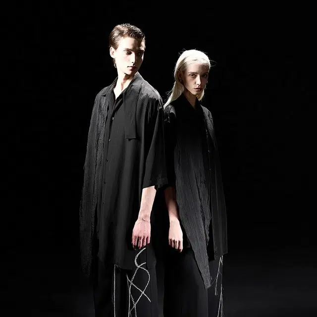 幻象者 纯色翻领落肩袖宽松短袖衬衫 男女同款 黑色