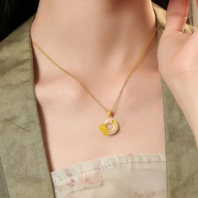 庆大福 桂花系列 妈妈的守护 荷塘月色好运连连平安扣新中式设计感纳福平安 玉髓 项链 女款