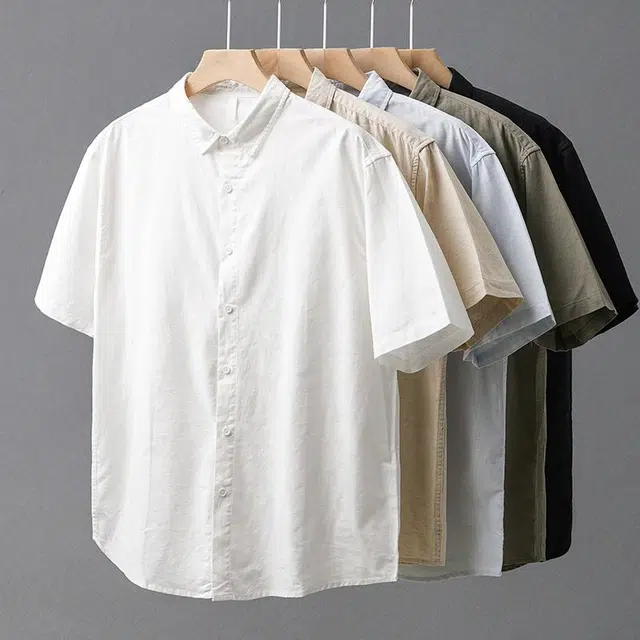 杜克恩 美式亚麻棉衬衣夏季纯色基础款宽松透气百搭休闲短袖衬衫 男女同款