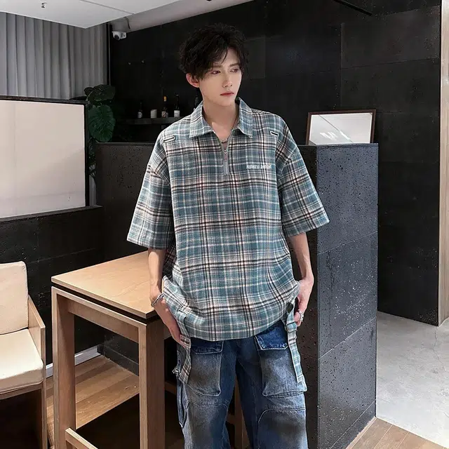 功夫熊猫 美式字母条纹时尚百搭宽松休闲格子短袖衬衫 男女同款