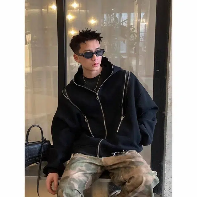 大白鲨 复古解构多拉链连帽开衫卫衣 男女同款