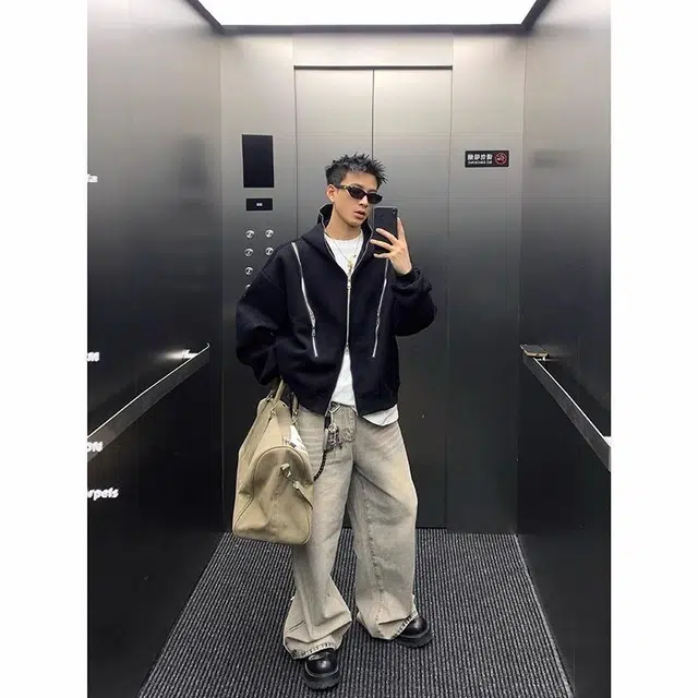 大白鲨 复古解构多拉链连帽开衫卫衣 男女同款