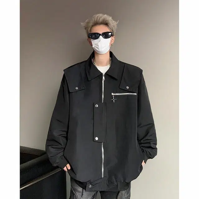 大白鲨 美式高街潮流设计感潮牌时尚百搭飞行员个性拉链帅气工装宽松休闲大码夹克外套 男女同款