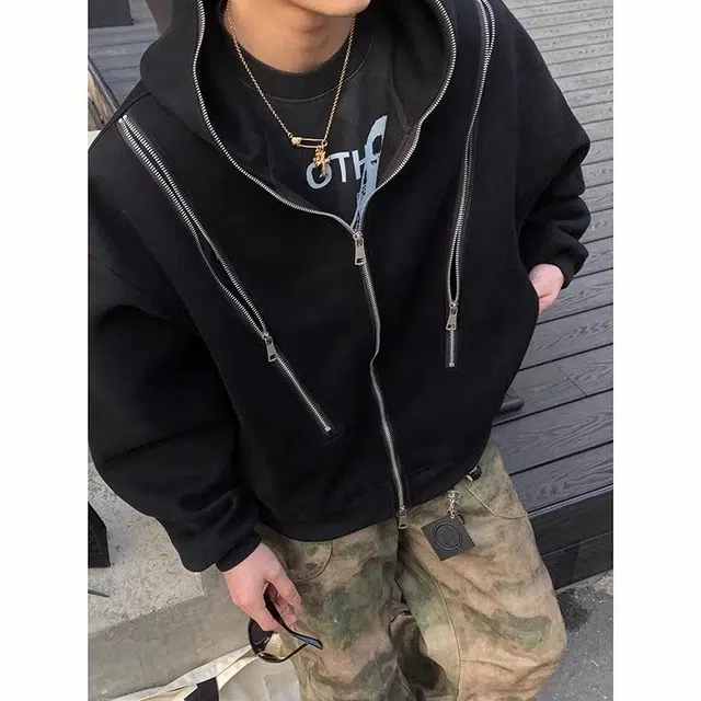 大白鲨 复古解构多拉链连帽开衫卫衣 男女同款