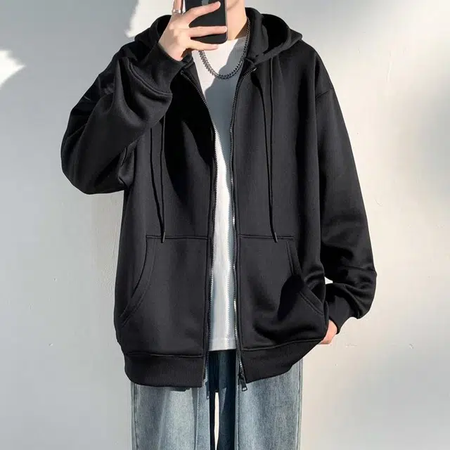 大白鲨 美式复古时尚潮流简约风个性设计青春流行纯色宽松百搭开衫连帽外套卫衣 男女同款