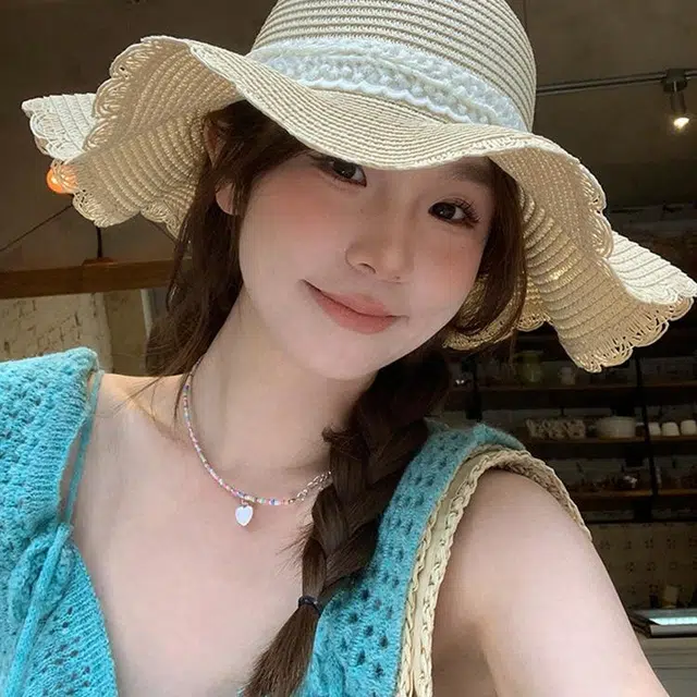 浪莎 法式波浪边蕾丝蝴蝶结草帽夏季大帽檐太阳帽户外出行度假风沙滩海边遮阳帽 草编 防晒帽 女款