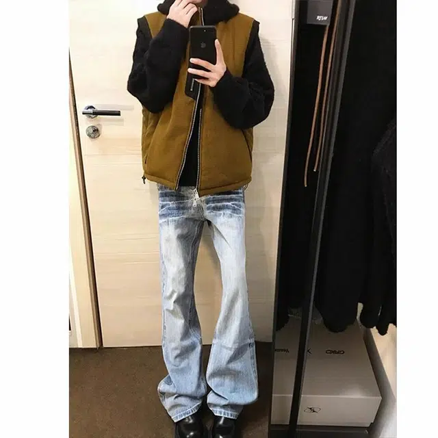 黑马漫画 闪电纹美式高街时尚百搭微喇牛仔裤 男女同款 蓝色