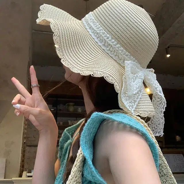 浪莎 法式波浪边蕾丝蝴蝶结草帽夏季大帽檐太阳帽户外出行度假风沙滩海边遮阳帽 草编 防晒帽 女款