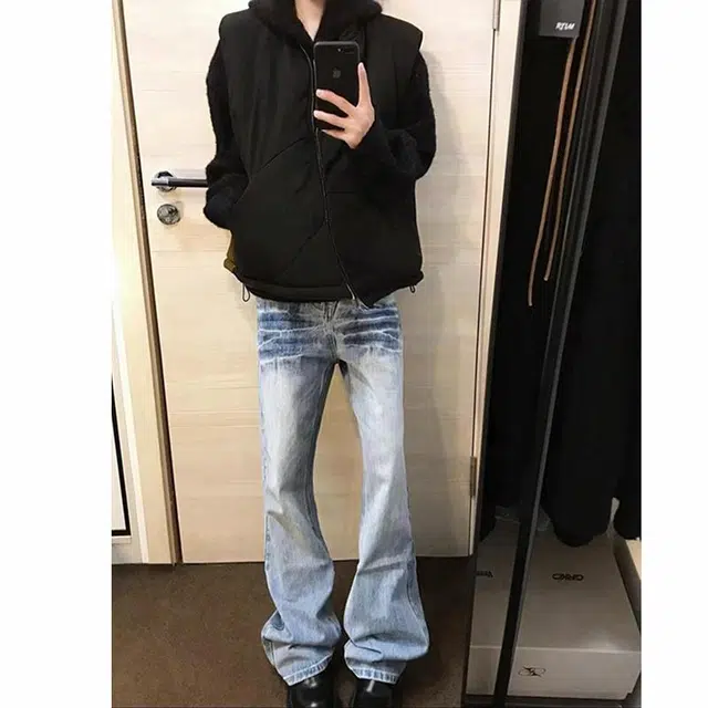 黑马漫画 闪电纹美式高街时尚百搭微喇牛仔裤 男女同款 蓝色