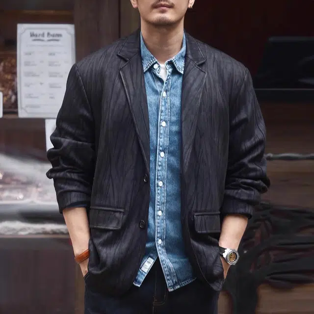 格蓝鹿 美式复古纹理感翻领长袖西装 男款 黑色