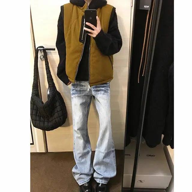 黑马漫画 闪电纹美式高街时尚百搭微喇牛仔裤 男女同款 蓝色