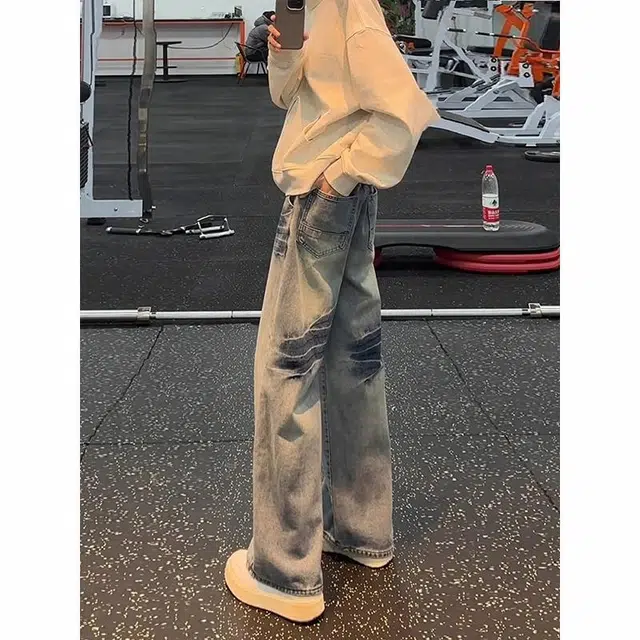 黑马漫画 美式高街直筒高腰闪电纹宽松舒适牛仔裤 男女同款 蓝色