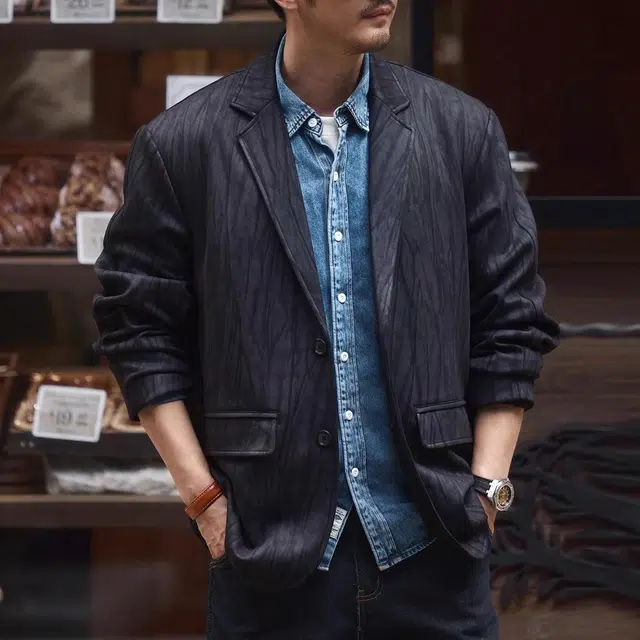 格蓝鹿 美式复古纹理感翻领长袖西装 男款 黑色