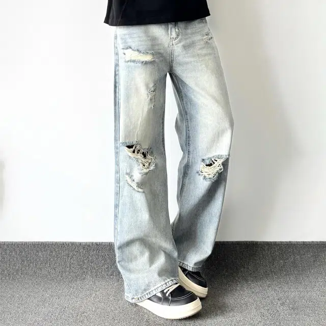 帕丁顿熊 美式复古水洗做旧破洞潮流直筒宽松休闲牛仔裤 男女同款 蓝色