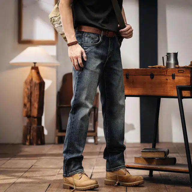 格蓝鹿 潮牌小弯刀垂感直筒休闲美式日常耐磨复古做旧水洗牛仔裤 男女同款 复古蓝