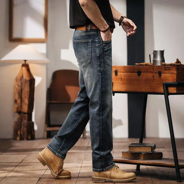 格蓝鹿 潮牌小弯刀垂感直筒休闲美式日常耐磨复古做旧水洗牛仔裤 男女同款 复古蓝