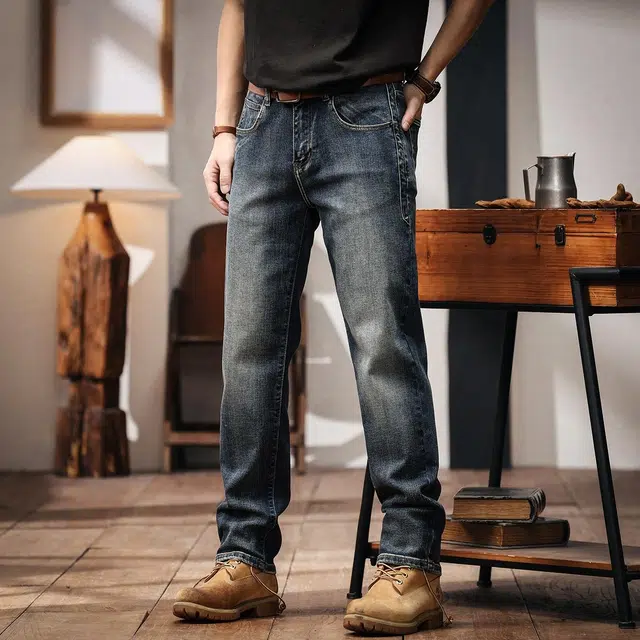 格蓝鹿 潮牌小弯刀垂感直筒休闲美式日常耐磨复古做旧水洗牛仔裤 男女同款 复古蓝