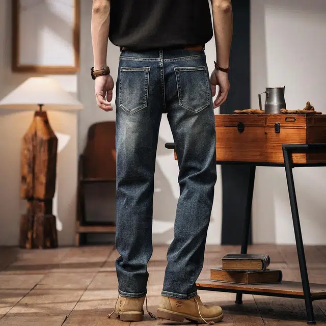 格蓝鹿 潮牌小弯刀垂感直筒休闲美式日常耐磨复古做旧水洗牛仔裤 男女同款 复古蓝