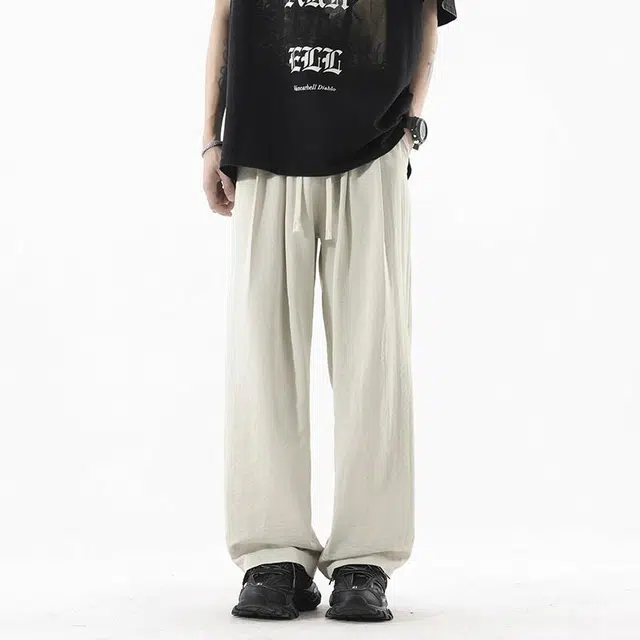 海尔斯 美式潮流褶皱阔腿裤薄款纯色宽松大码系绳休闲裤 男款