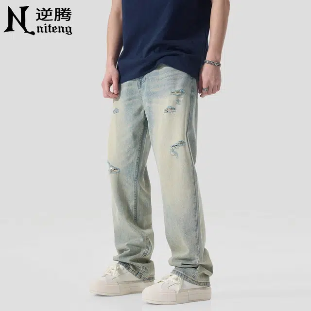 逆腾 潮牌做旧破洞宽松直筒牛仔裤 男款 怀旧蓝