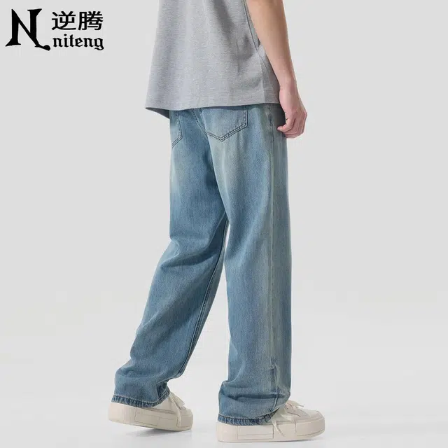 逆腾 潮牌百搭破洞直筒垂感牛仔裤 男款 蓝色
