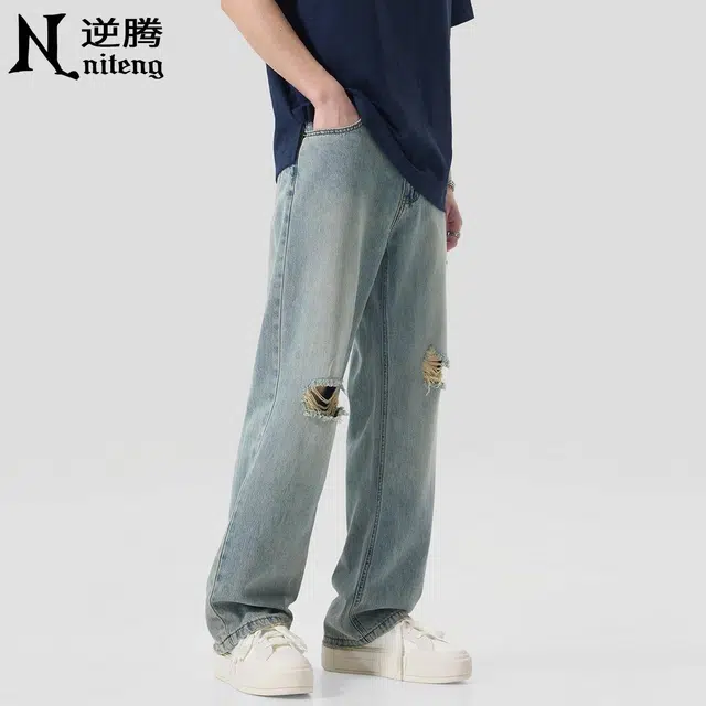 逆腾 潮牌高街破洞垂感直筒牛仔裤 男款 蓝色