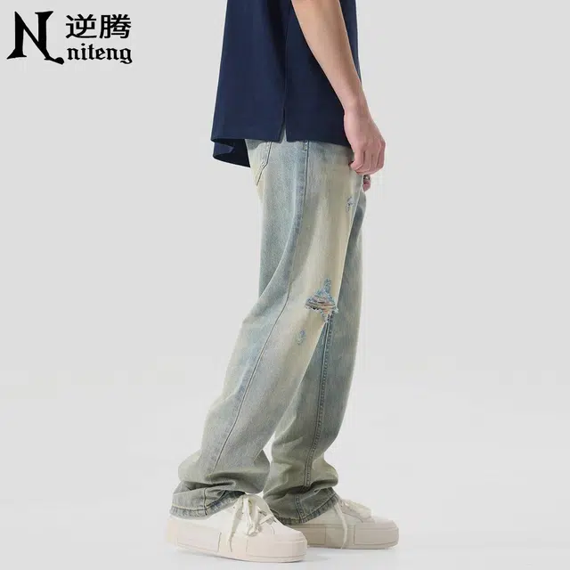 逆腾 潮牌做旧破洞宽松直筒牛仔裤 男款 怀旧蓝