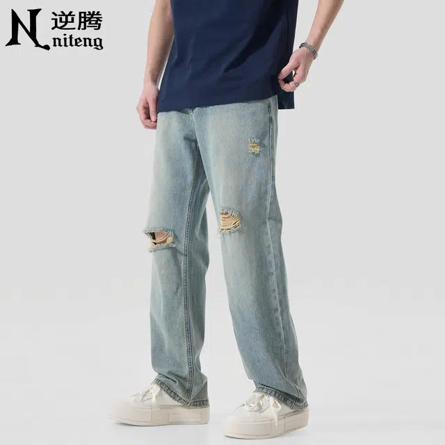 逆腾 潮牌高街破洞垂感直筒牛仔裤 男款 蓝色