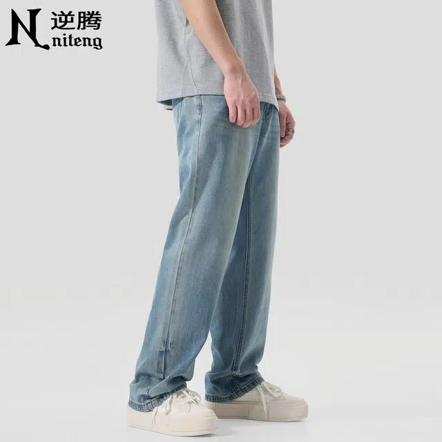 逆腾 潮牌百搭破洞直筒垂感牛仔裤 男款 蓝色