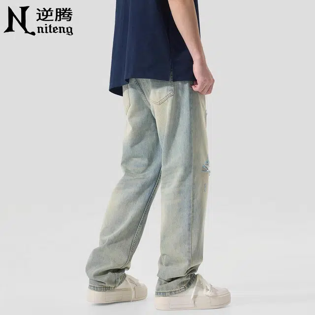 逆腾 潮牌做旧破洞宽松直筒牛仔裤 男款 怀旧蓝